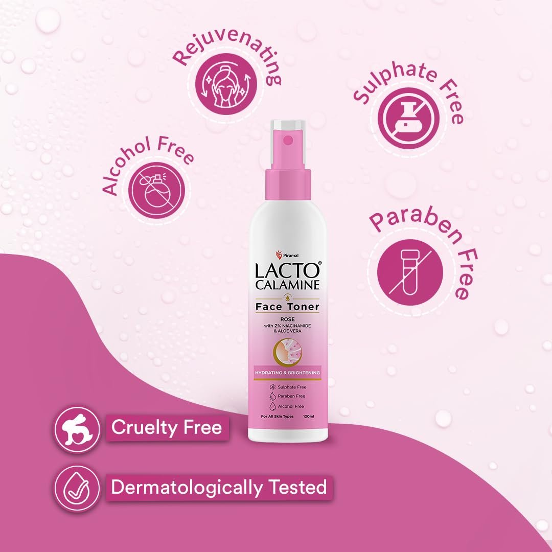 Lacto Calamine Rose Water Toner For Glowing Skin | 120ml | Gulab Jal Face Toner | Rosewater with Aloe Vera & 2% Niacinamide | Cleanses, Hydrates & Moisturises Skin | thumbnail