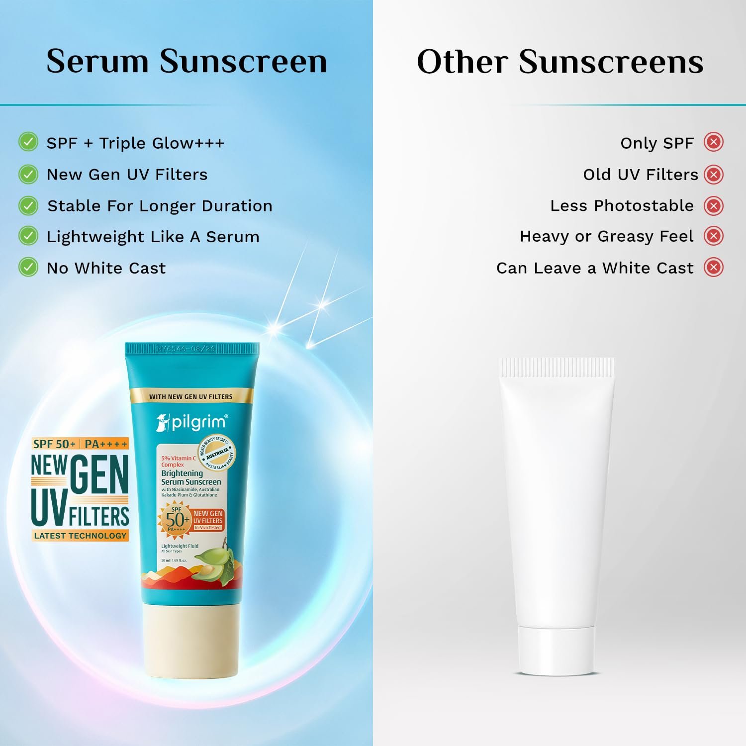 Pilgrim 5% Vitamin C Brightening Serum Sunscreen SPF 50+ PA++++ with Niacinamide & Glutathione | InVivo Tested New Gen UV Filters Broad Spectrum Sun Protection Gel | No White Cast - 50 ml thumbnail
