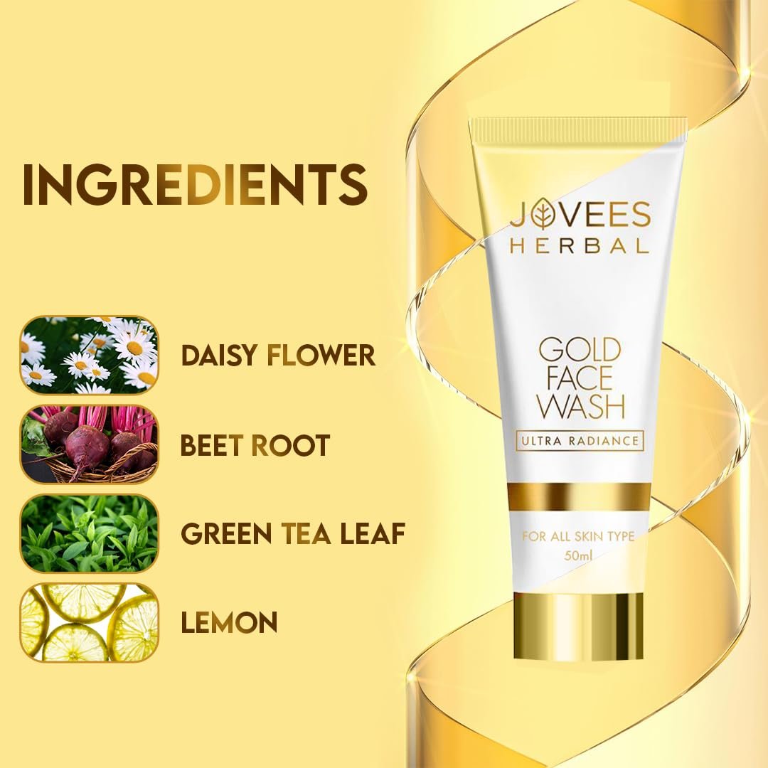 Jovees Herbal Ultra Radiance Gold Face Wash Gives Clear, Nourished & Hydrated Skin, Reduce Dark Spot And Improves Skin Texture | For All Skin Types 50ml thumbnail