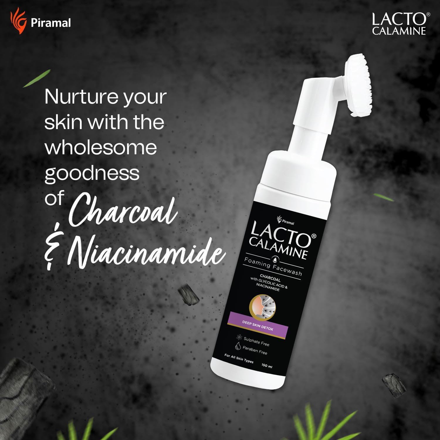 Lacto Calamine Charcoal Foaming Face wash| Deep skin Detox| Cleanse skin impurities| With Built-in foaming Brush|  150 ml thumbnail
