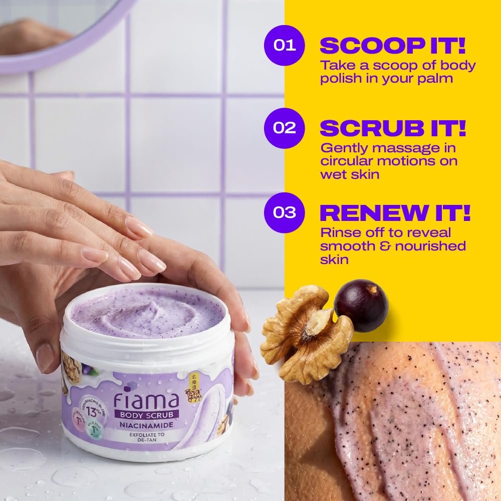 Fiama Detan Body Scrub 200g, 1% Niacinamide + 1% Salicylic Acid, Chemical + Physical Exfoliation, 13% Resurfacing Blend, Sun-Tan Removal & Instant Brightness, Gourmet Fragrance thumbnail