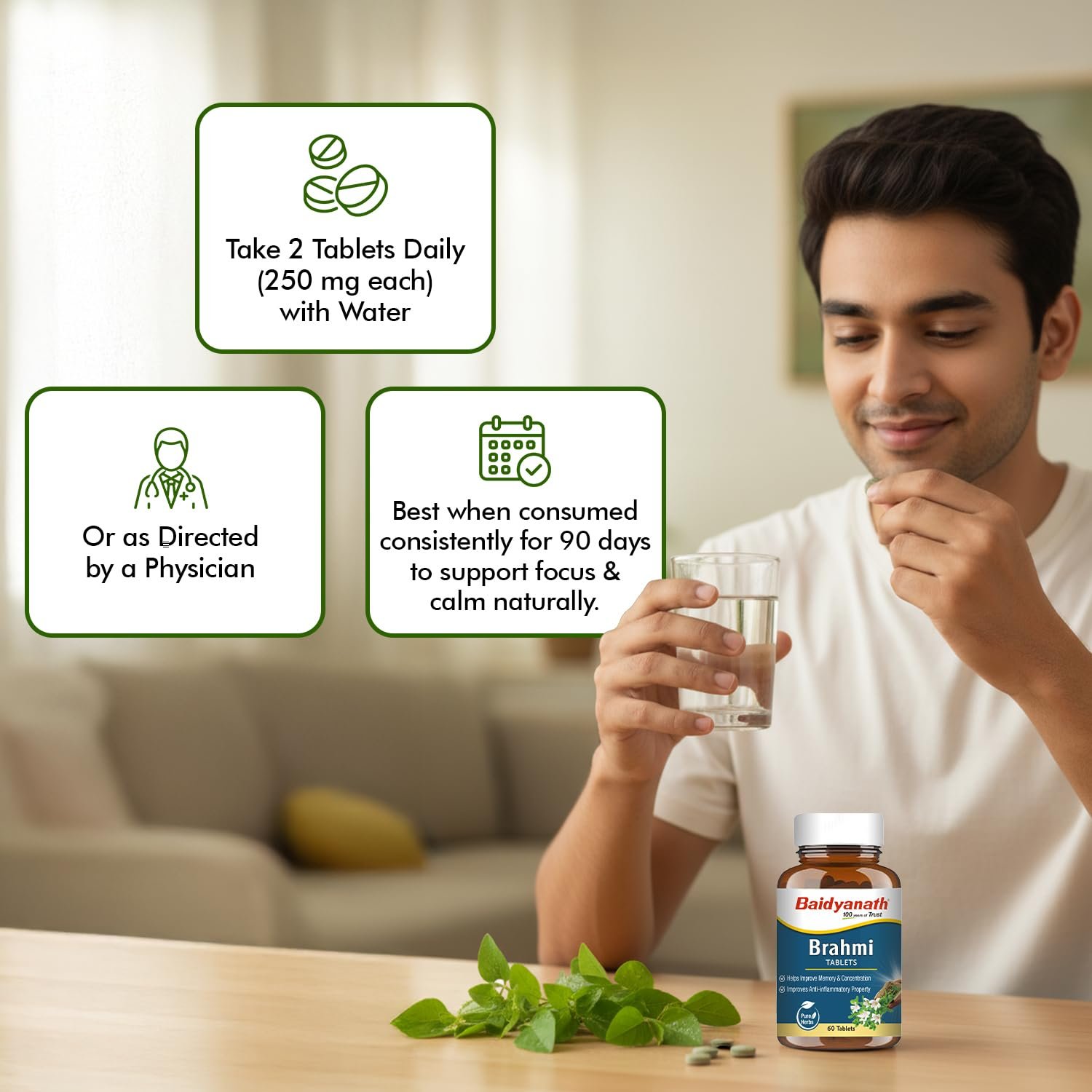 Baidyanath Ayurved Brahmi Tablets - 60 Tab | Helps To Handle Life’s Daily Stress | Promotes Mind Relaxation| (Pack of 1) thumbnail