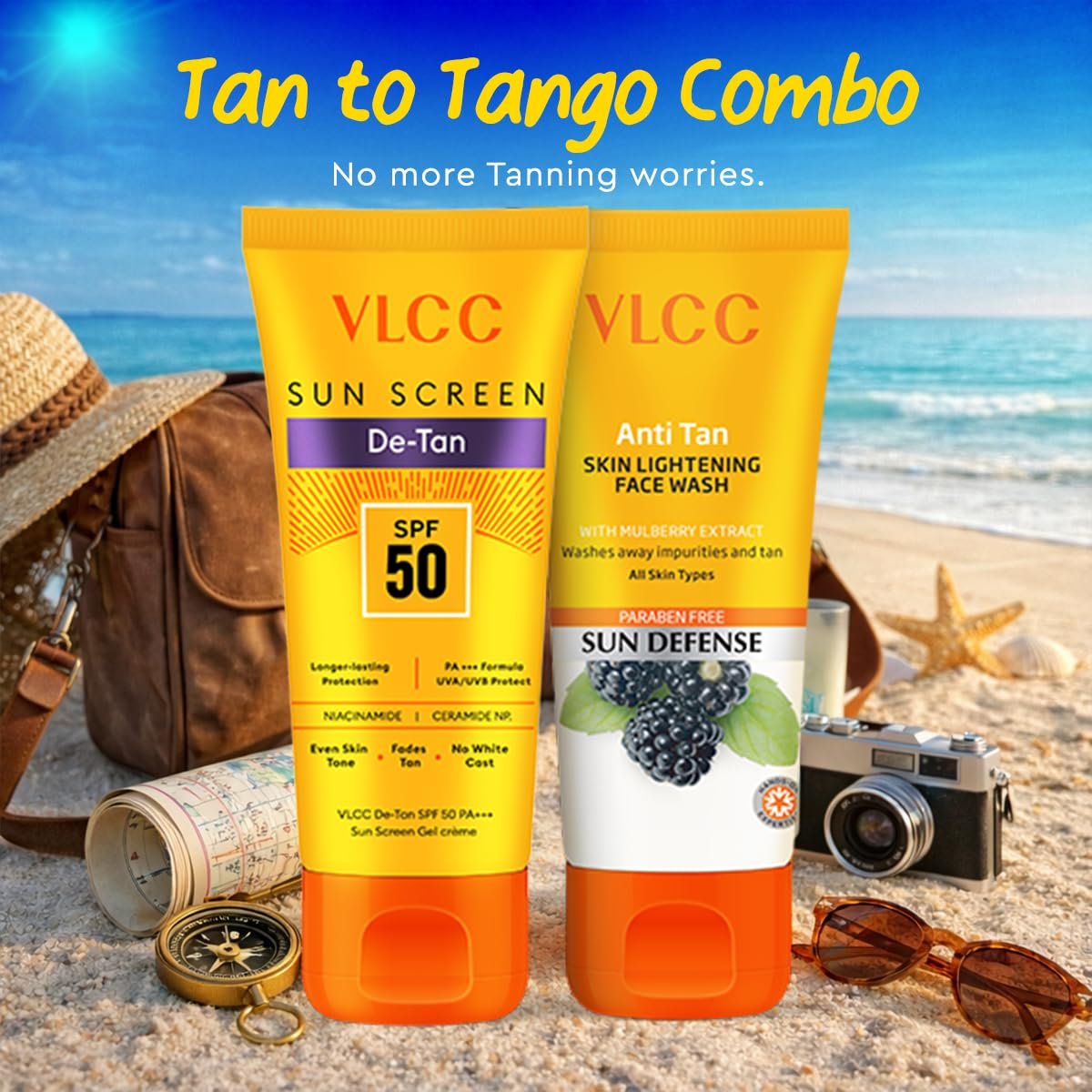 VLCC Tan-to-Tango Combo – Anti-Tan Skin Lightening Face Wash 50 g + De-Tan SPF 50 PA+++ Sunscreen Gel Crème 50 ml | Fades Tan, Even Skin Tone thumbnail