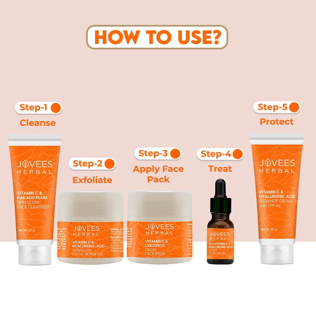 Jovees Herbal Vitamin C & Hyaluronic Acid Glow Facial Kit For Brighter & Radiant Skin | Kit For Improves Uneven Skin Tone, Fines Lines & Dullness 215g (Multiple use) thumbnail