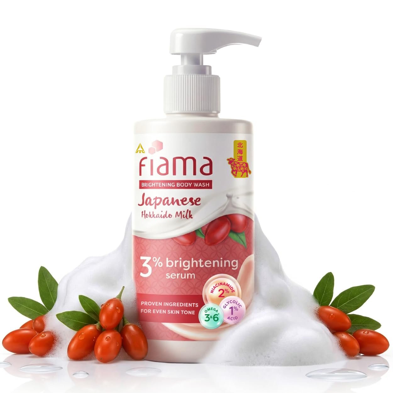 Fiama 3% Brightening Serum Body Wash 250ml | 2% Niacinamide, 1% Glycolic Acid, Omega 3 & 6 Fatty Acids Shower Gel, Fights Dullness & Evens Skin tone | Exotic Japanese Hokkaido Milk