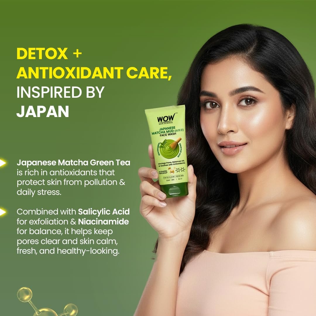 WOW Skin Science Japanese Matcha Mud Face Wash 150 ML for Men & Women | Facewash with Niacinamide & Salicylic Acid | Ceremonial Grade Matcha Detox Cleanser for Oily & Acne-Prone Skin thumbnail