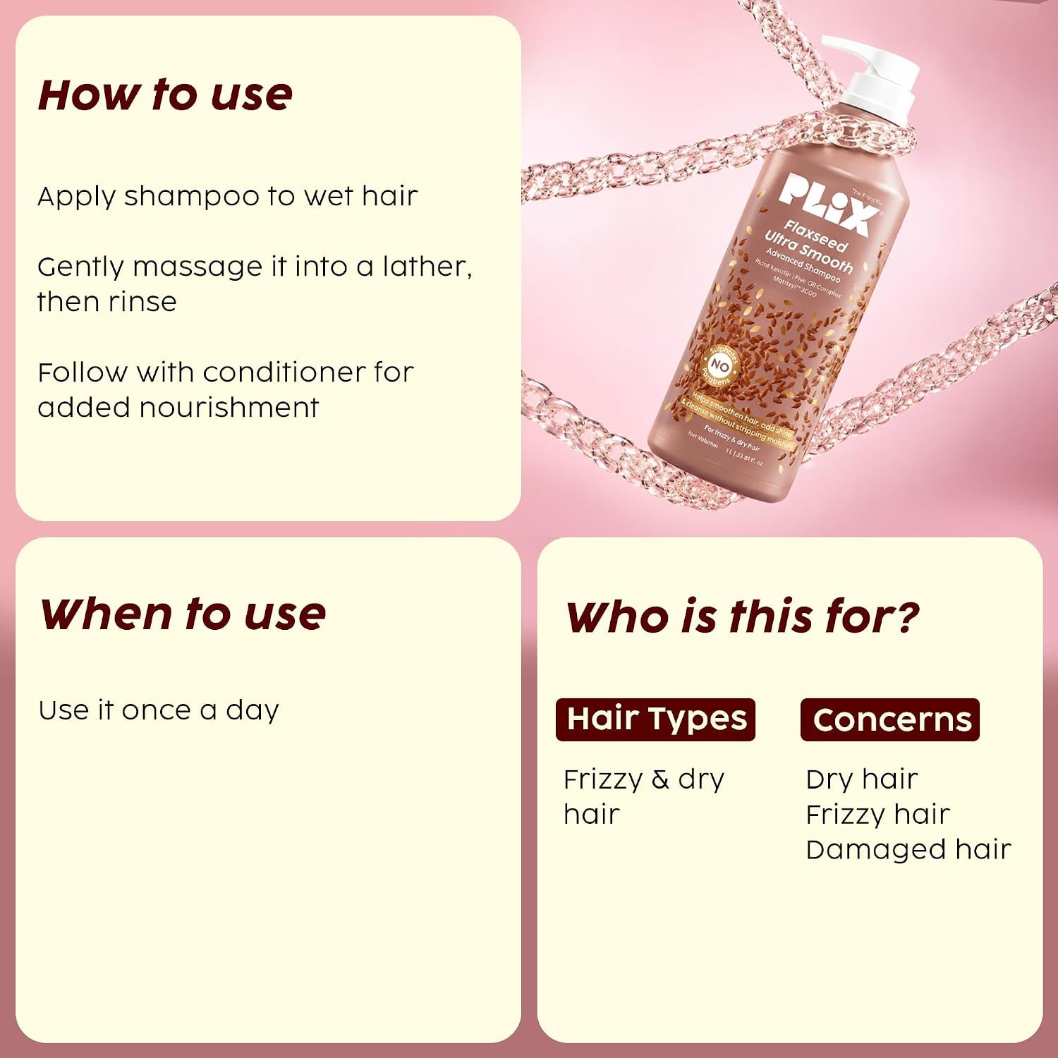 PLIX - THE PLANT FIX Flaxseed Ultrasmooth Advanced Shampoo | Plant Keratin PF & Flaxseed Oil | For Smooth & Shiny Hair | Paraben & Sulphate Free | For Men & Women | 1000ml thumbnail