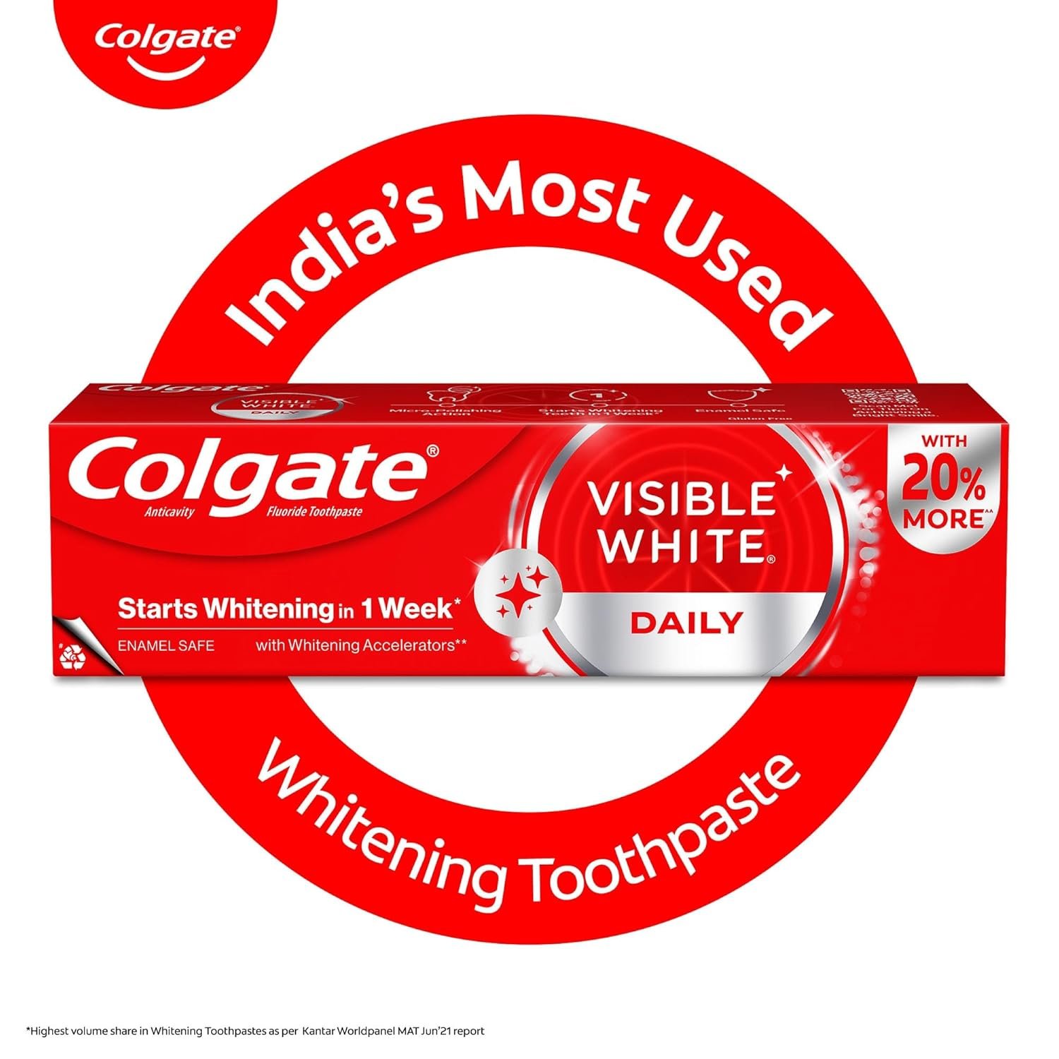 Colgate Visible White Toothpaste, Teeth Whitening Starts in 1 week, Safe on Enamel, Stain Removal Tooth Paste and Minty Flavour for Fresh Breath (200g + 40g, Combo Pack) thumbnail