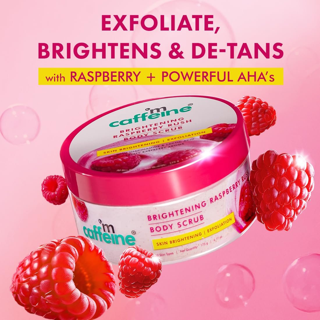 mCaffeine Brightening Raspberry Body Scrub | Tan Removal | AHAs - Lactic & Glycolic Acid, Niacinamide | Vitamin C Rich for Brighter, Soft Skin | Remove Dry, Dead Skin | 175g thumbnail
