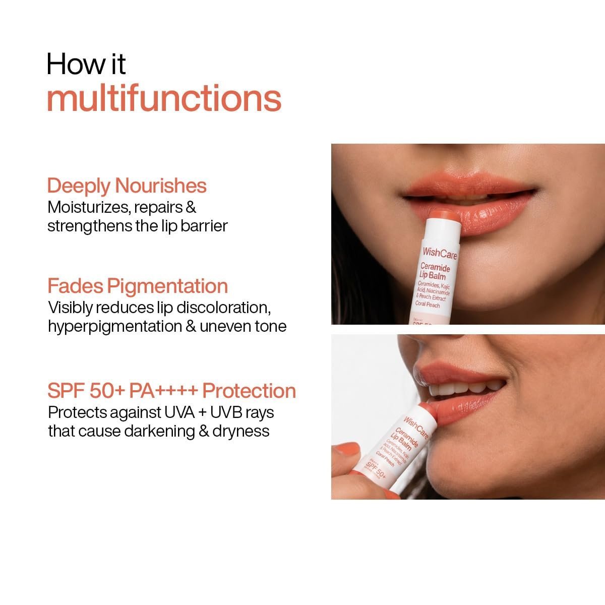 WishCare Tinted Lip Balm SPF 50 PA++++ | Brightening Lip Balm for Dark Lips | In-Vivo Tested | Kojic Acid & Niacinamide | For Women | 5g (Coral Peach) thumbnail