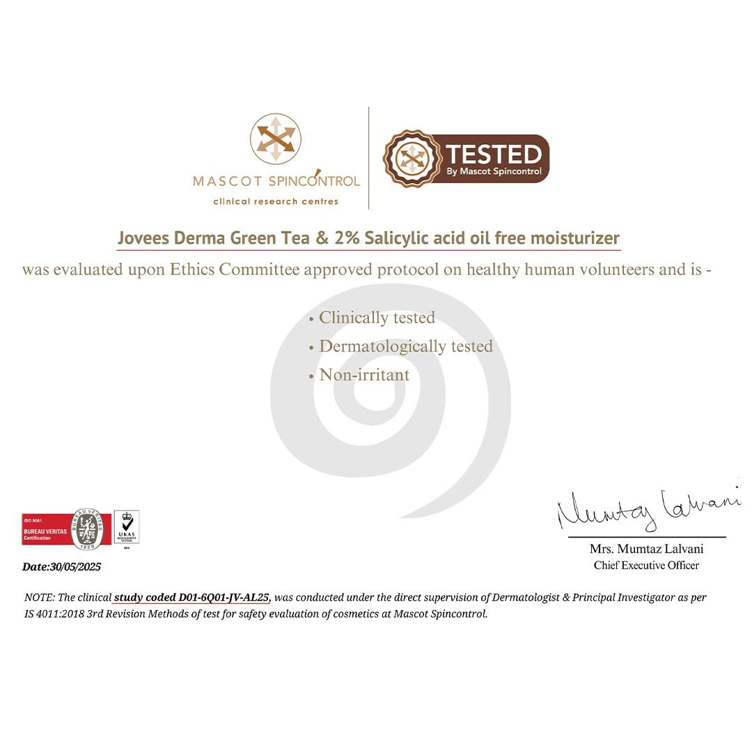 Jovees Derma Green Tea Light Moisturizer | With 1% Hyaluronic & 4% Niacinamide | Fights Pimples & Hydrates | Fades Dark Spots & Brightens Skin | Non-Sticky Moisturizer | 50g thumbnail
