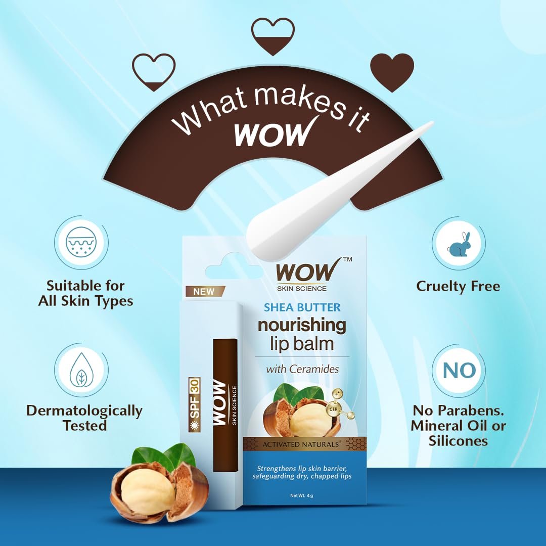 WOW Skin Science Shea Butter Nourishing Lip Balm with Ceramides – Hydrating Lip Balm for Dry, Chapped Lips | Strengthens Lip Skin Barrier | SPF 30 | 4g thumbnail