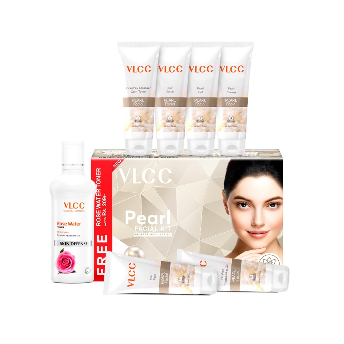 VLCC Pearl Facial Kit with FREE Rose Water Toner - 300g + 100ml | Luminous and Radiant Skin | At Home Facial with Pearl Extracts, Sandalwood, Turmeric & Aloe Vera | Tan Removal Facial Kit. thumbnail