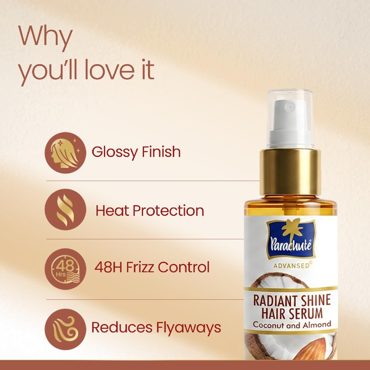 Parachute Advansed Radiant Shine Hair Serum | Coconut & Almond | 48 Hr Frizz Control | 4X Shiny Hair | 100ml thumbnail