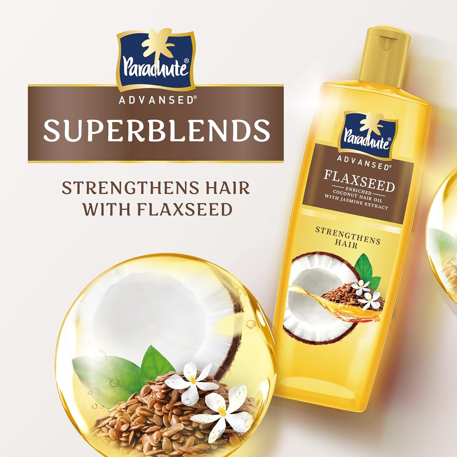 Parachute Advansed Flaxseed Enriched Coconut Hair Oil for Stronger, Smoother Hair | Up to 10x Less Breakage| 2x Softer Hair | Deep Nourishment with Jasmine Extract, 300ml thumbnail