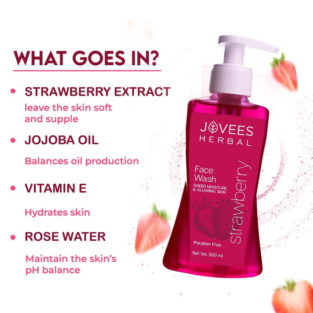 Jovees Herbal Strawberry Face Wash For Hydrating & Glowing Skin with Strawberry Ext. | Gentle Cleanser For Brightens Skin, Removes Pigmentation | For Normal to Dry Skin Types - 300ml thumbnail