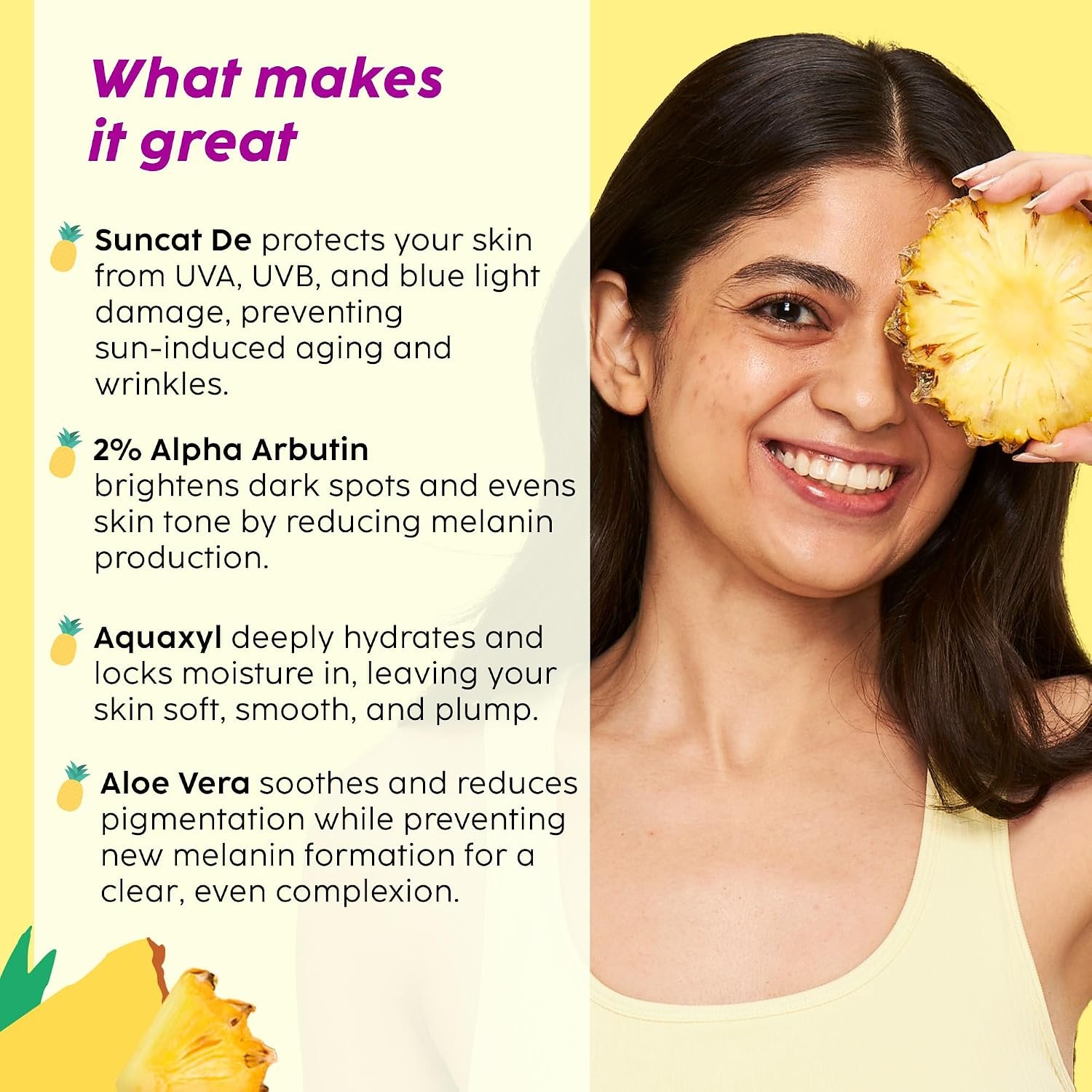PLIX - THE PLANT FIX Pineapple Advanced Depigmentation Dewy Sunscreen SPF 50 PA++++ | Alpha Arbutin & Aquaxyl | Reduces Pigmentation, Protects from UV & Blue Light, Hydrates Skin |  50g thumbnail