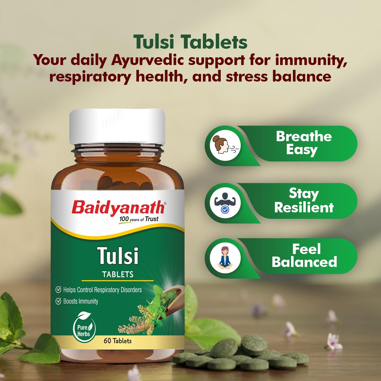 Baidyanath Ayurved Tulsi Tablets - 60 Tab|Helps in Boosts Immunity | Helpful in Cough & Cold (Pack of 1) thumbnail