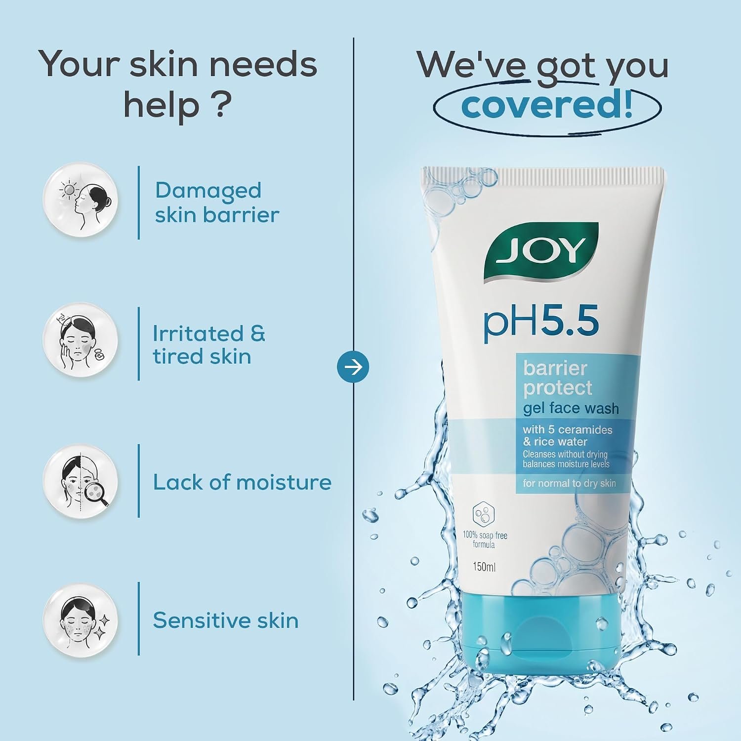 Joy pH 5.5 Hydrating Gel Face Wash with Ceramides and Rice water 150ml | Gently Cleanses and Protects Skin Barrier | Ideal for Sensitive Skin thumbnail