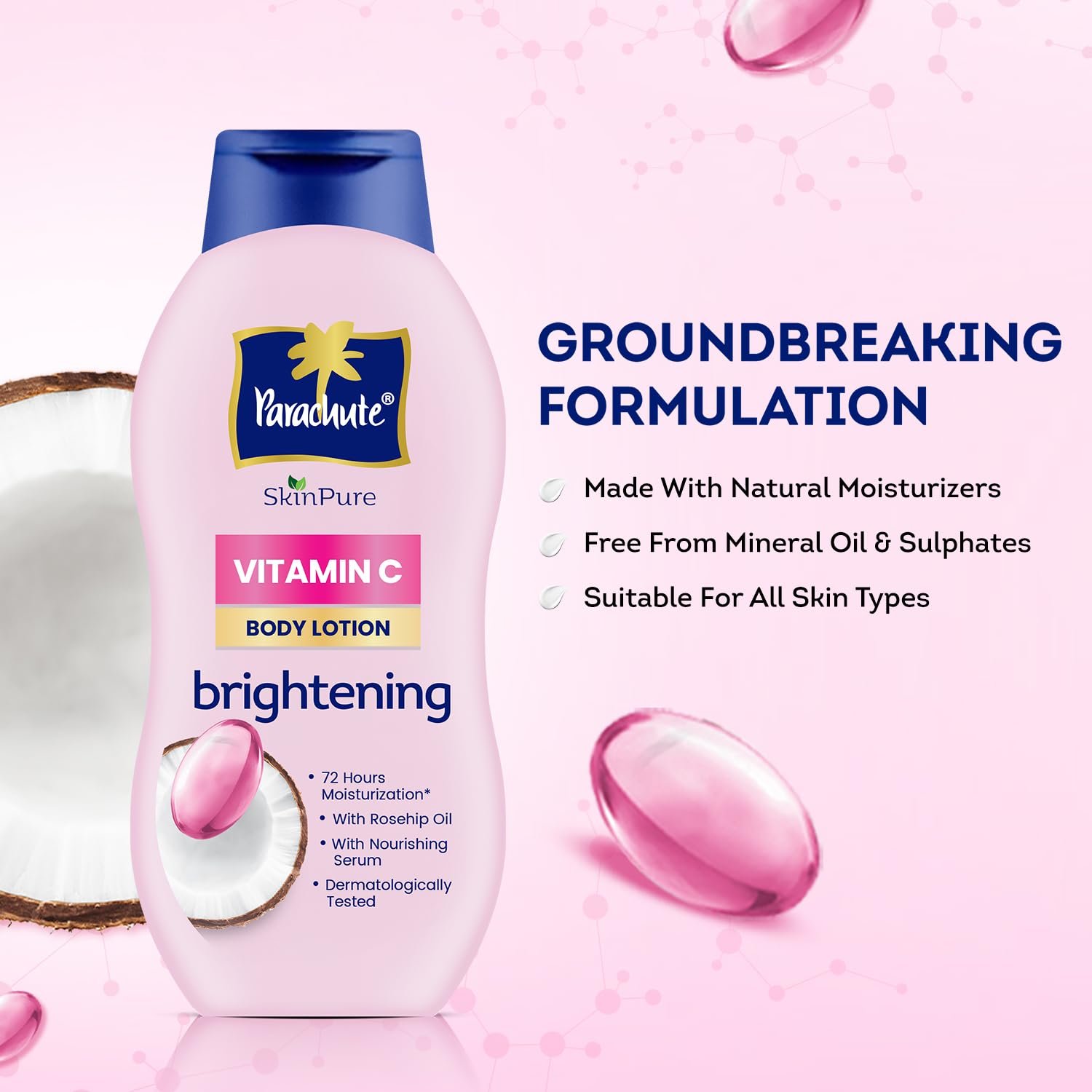 Parachute SkinPure Body Lotion with Vitamin C & Virgin Coconut Oil | Brightening Daily Moisturizer for Glowing Skin |  Safe for All Skin Types | 400 m thumbnail
