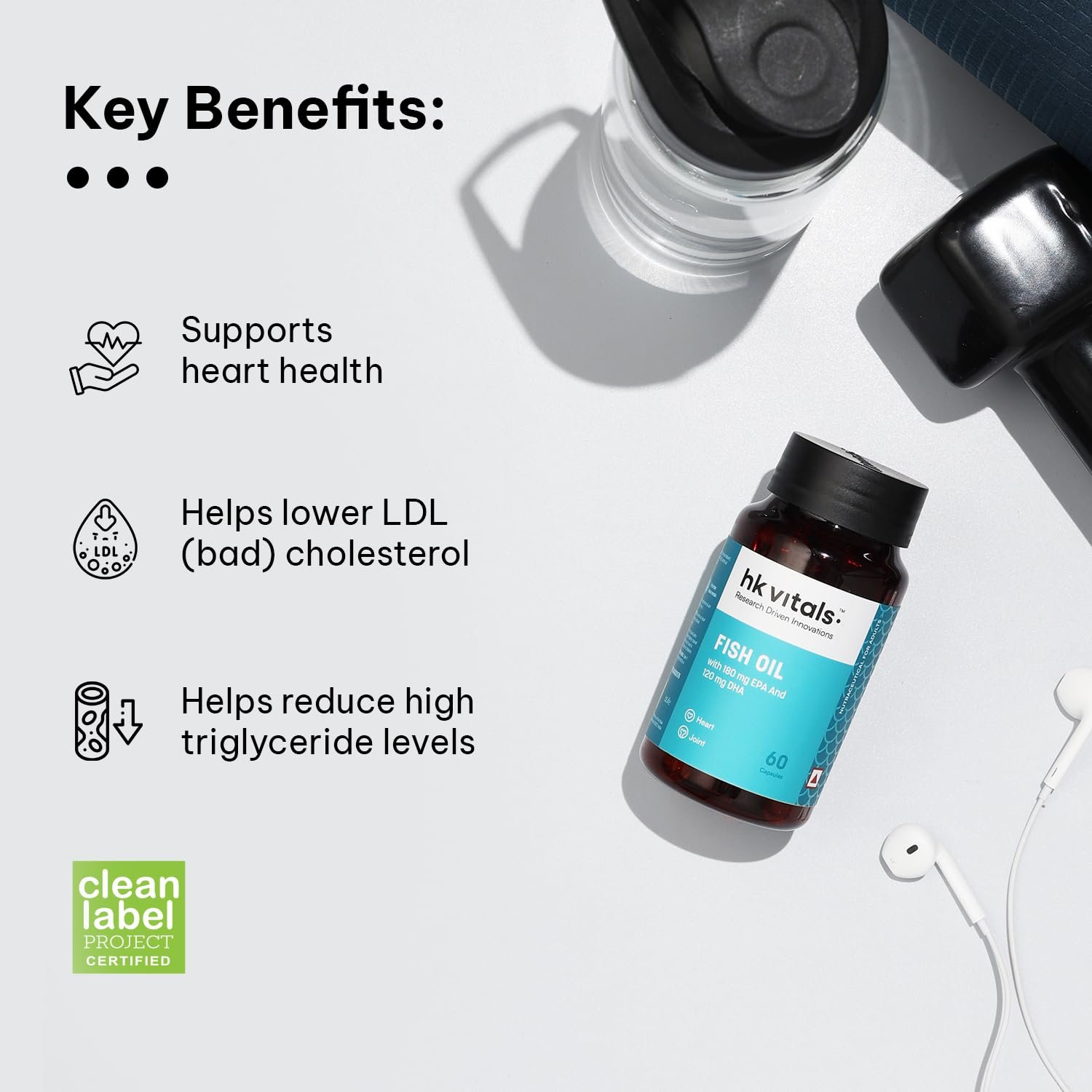hk vitals Fish Oil, 60 Capsules 1000mg Omega 3 with 180mg EPA & 120mg DHA | Supports Heart, Brain & Joint Health thumbnail