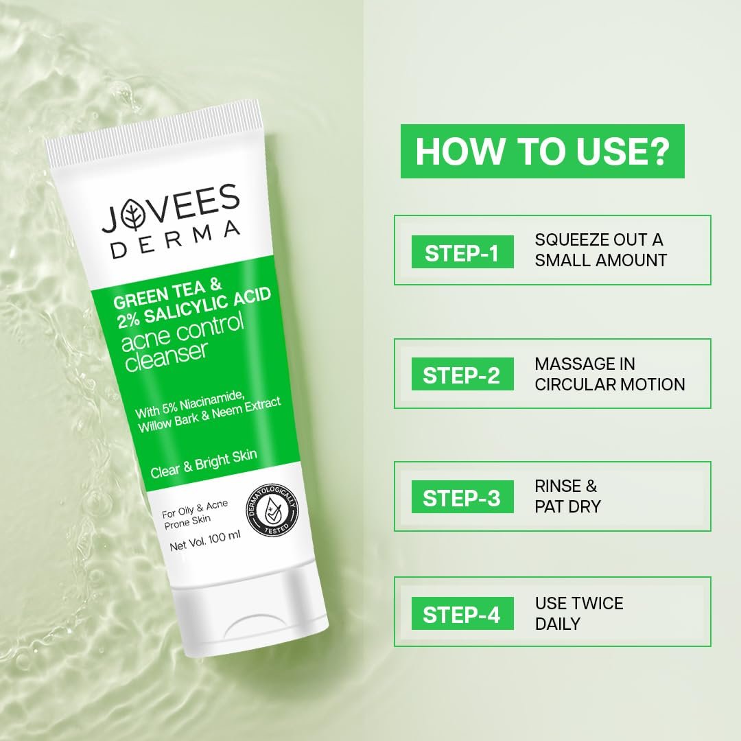Jovees Herbal Derma Green Tea Pore Cleansing Face Wash For Acne Prone Skin, Salicylic Acid With Green Tea, Fight Pimples & Control Excess Oil, Gentle & Non-Drying Formula 100ml thumbnail