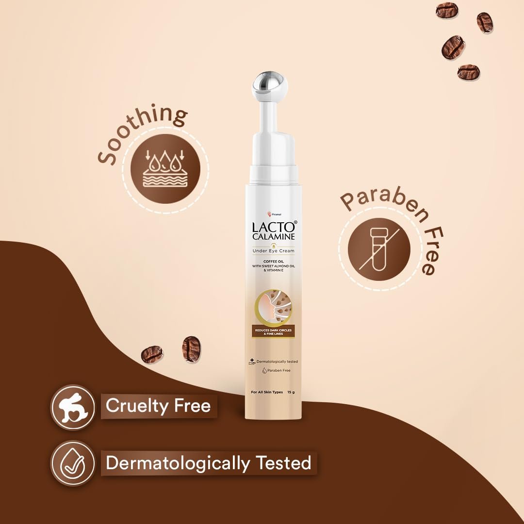 Lacto Calamine Under Eye Cream For Dark Circles for Women & Men | Fine Lines & Puffy Eyes With Cooling Massage Roller | 15g | With Coffee Oil, Multi-Peptides, Niacinamide, & Vitamin E thumbnail