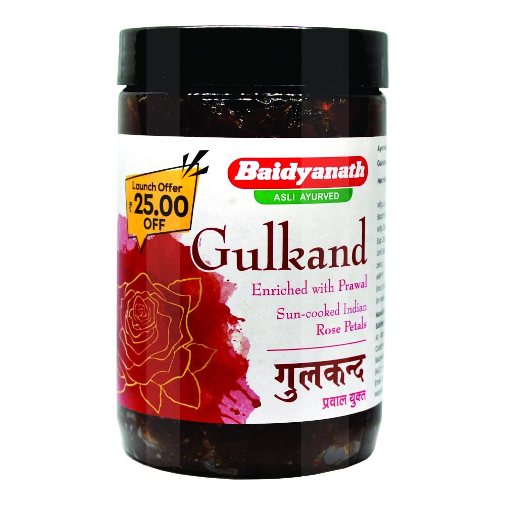 Baidyanath Asli Ayurved Gulkand 400 Gummy Enriched with Prawal Sun-cooked Indian (Rose Petal Jam) (Pack of 1) thumbnail