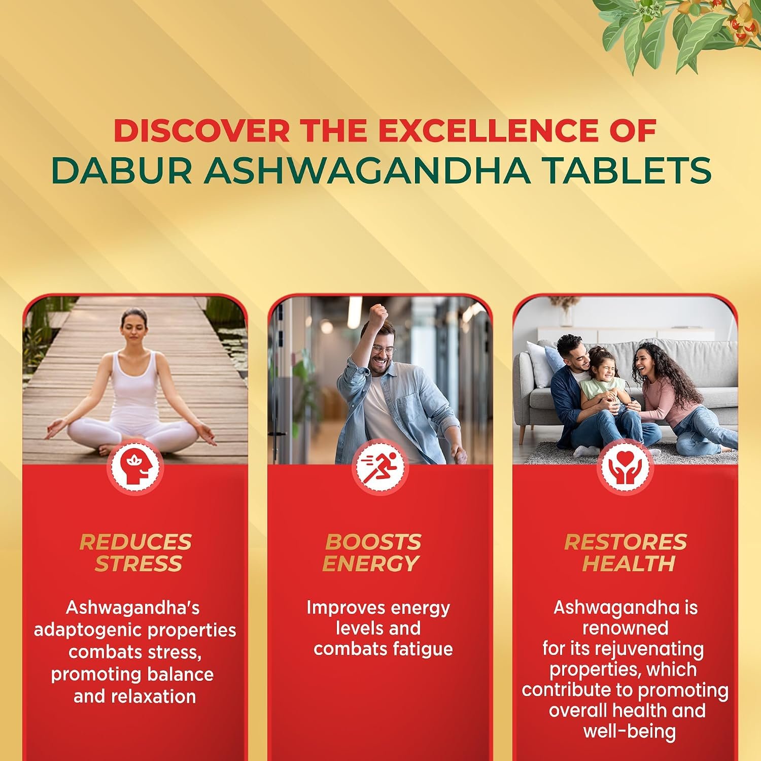 Dabur Ashwagandha Tablets - 60 tabs | General Wellness Tablets | Stress Relief | Rich in Antioxidants | Immunity Booster | Rich in Antioxidants | Rejuvenates Body thumbnail