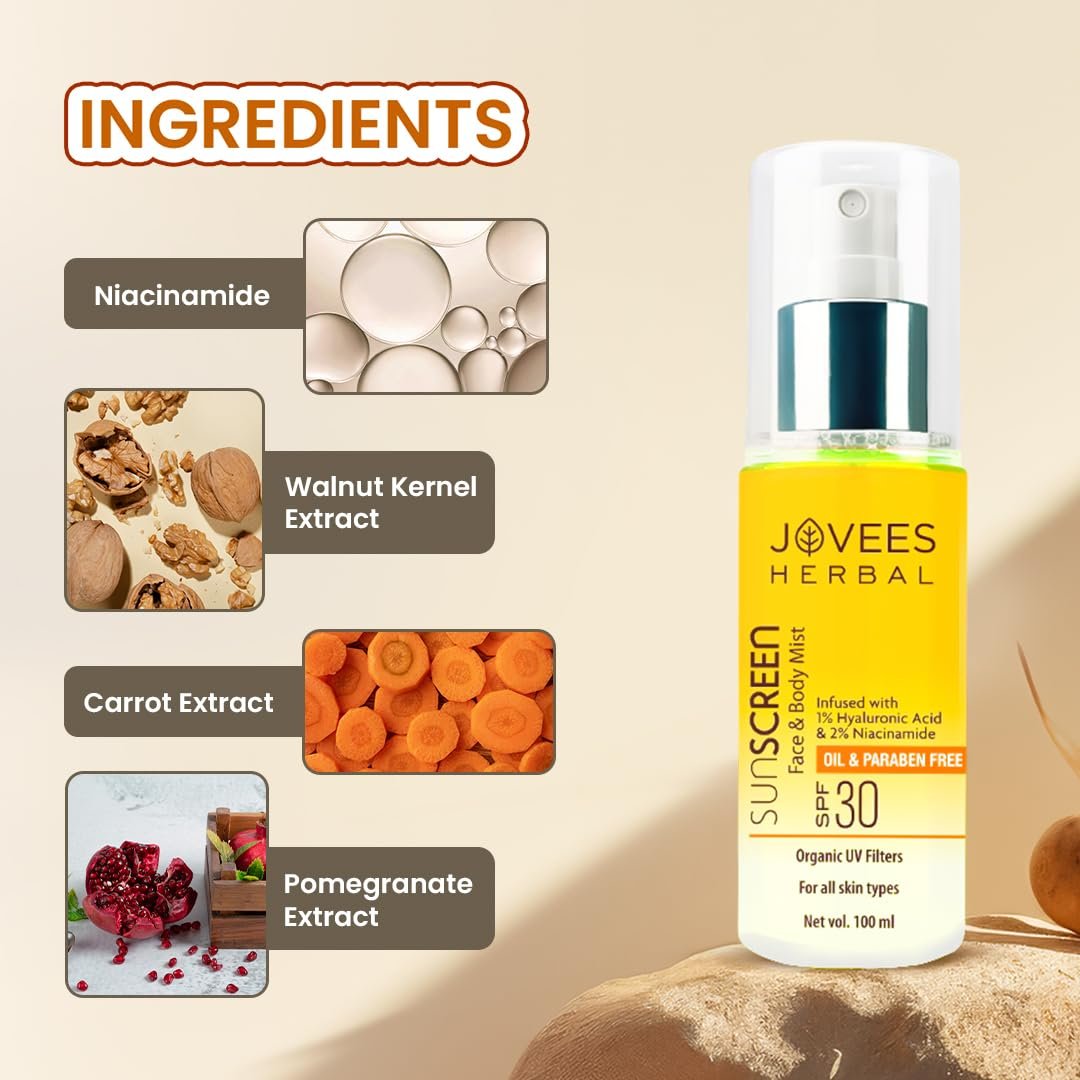 Jovees Herbal Sunscreen Mist SPF 30 – Broad Spectrum Protection For Face & Body with 1% Hyaluronic Acid & 2% Niacinamide | Lightweight & Non-Sticky | Quick Absorbing & Makeup Friendly 100ml thumbnail
