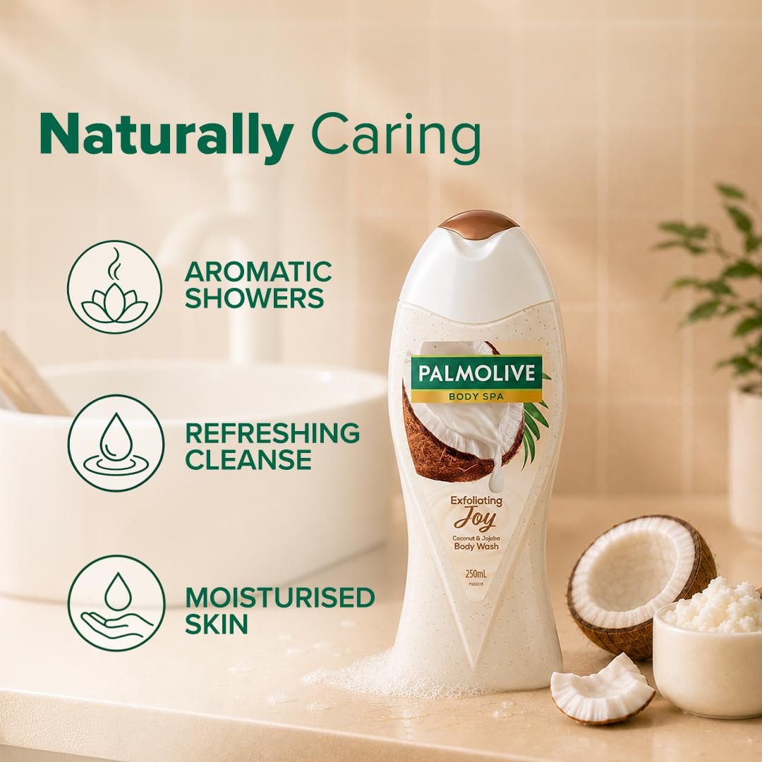 Palmolive Coconut Joy Body Wash, 250ml Crème Based Exfoliating Body Scrub based Bodywash Bottle, Apricot Seed ,Crushed Coconut & Jojoba Butter Extracts For Smooth Skin, PH Balanced Bodywash thumbnail