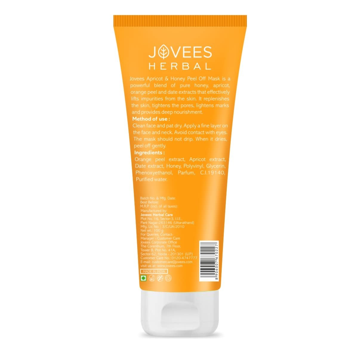 Jovees Herbal Apricot & Honey Peel Off Mask 100 GM | For Pore Tightening and Skin Nourishment | All Skin Types | Paraben & Alcohol Free thumbnail