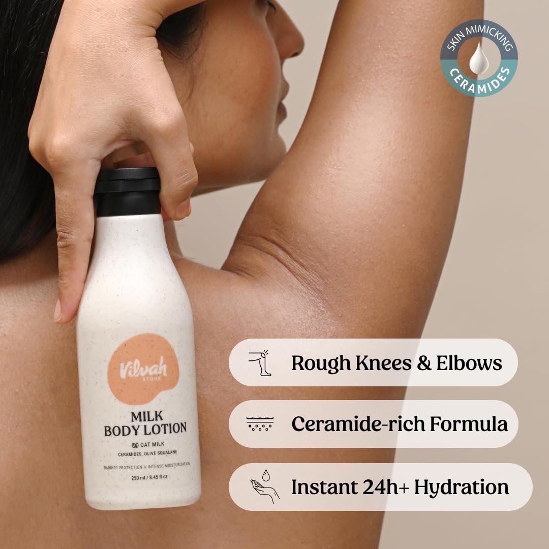 Vilvah Milk Body Lotion | 48H Moisturisation & Skin Barrier Repair | Lightweight, Fast-Absorbing Body Lotion with Oat Milk, Ceramides & Olive Squalane | For All Skin Types | Unisex, Toddler- thumbnail