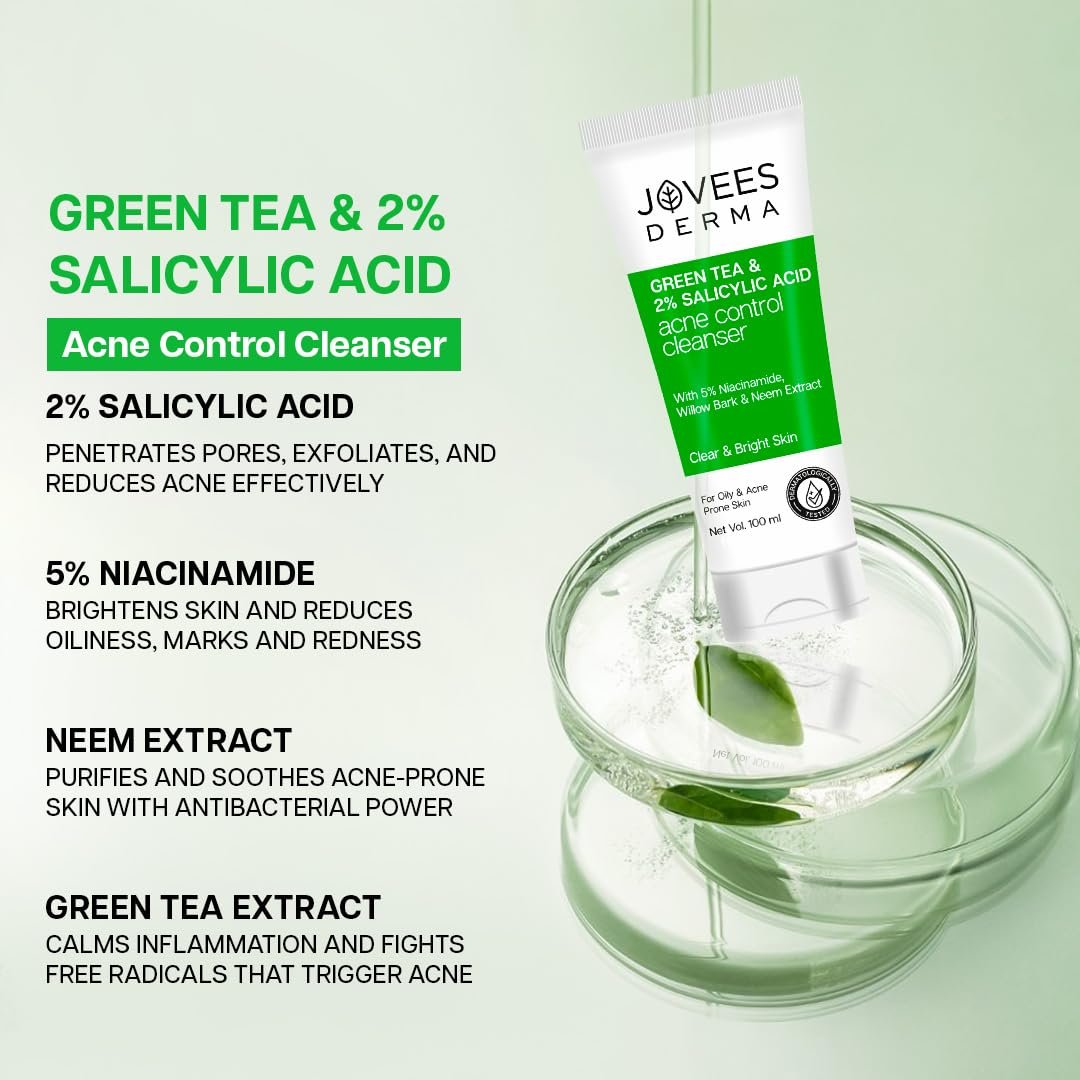 Jovees Herbal Derma Green Tea Pore Cleansing Face Wash For Acne Prone Skin, Salicylic Acid With Green Tea, Fight Pimples & Control Excess Oil, Gentle & Non-Drying Formula 100ml thumbnail
