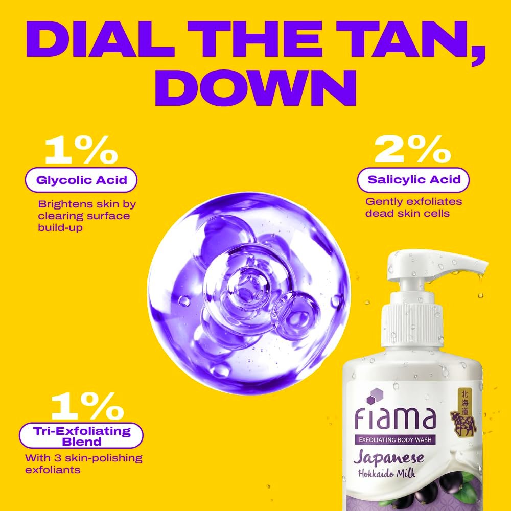 Fiama 4% Detan Serum Exfoliating Body Wash 250ml, 2% Salicylic Acid, 1% Glycolic Acid, 1% Exfoliating Tan Removal Shower Gel, Gently removes dead skin | Exotic Japanese Hokkaido Milk | thumbnail