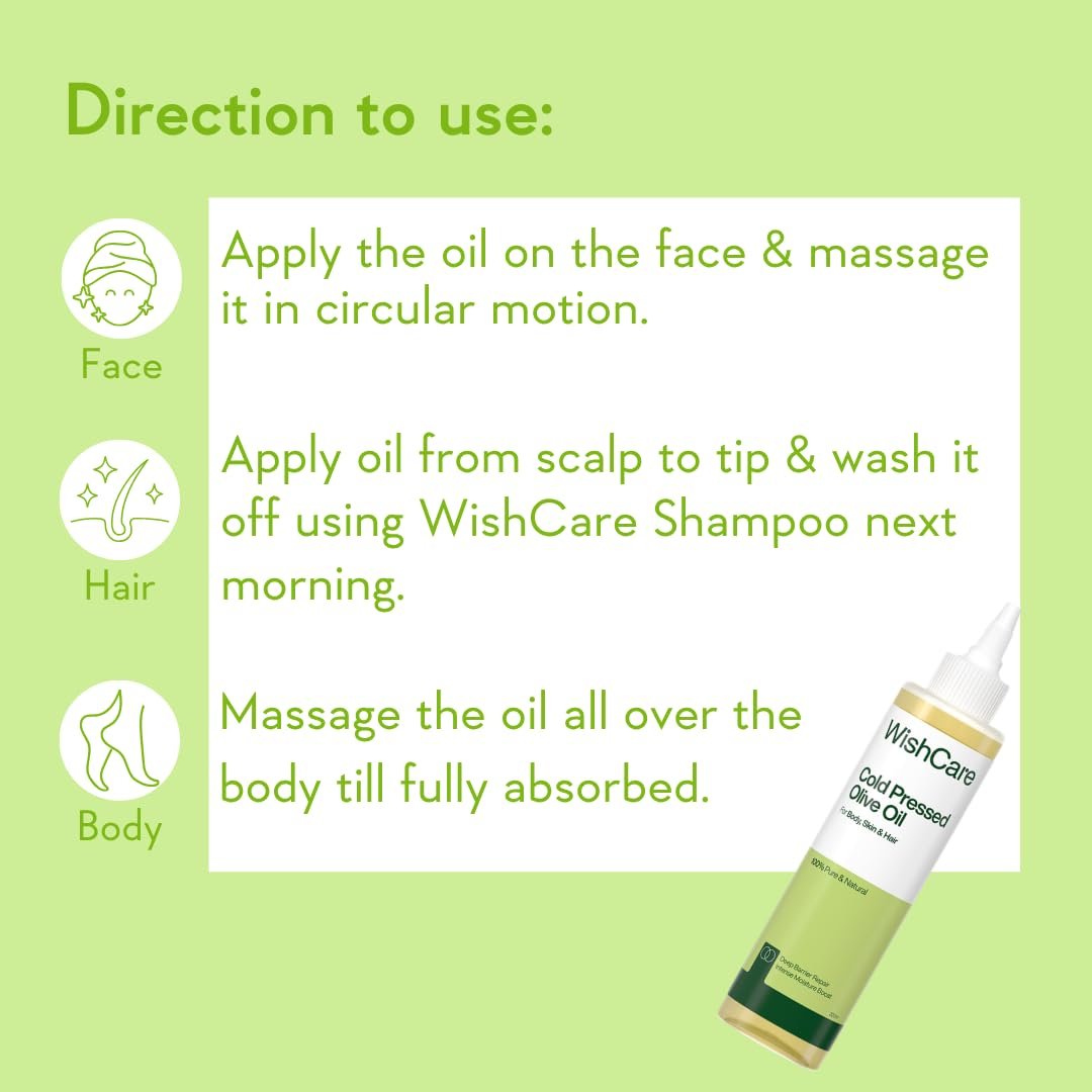 WishCare 100% Pure Premium Cold-Pressed Olive Oil | Virgin Grade Natural Oil for Hair & Skin | Nourishes, Moisturizes & Supports Healthy-Looking Hair and Skin | 200ml thumbnail