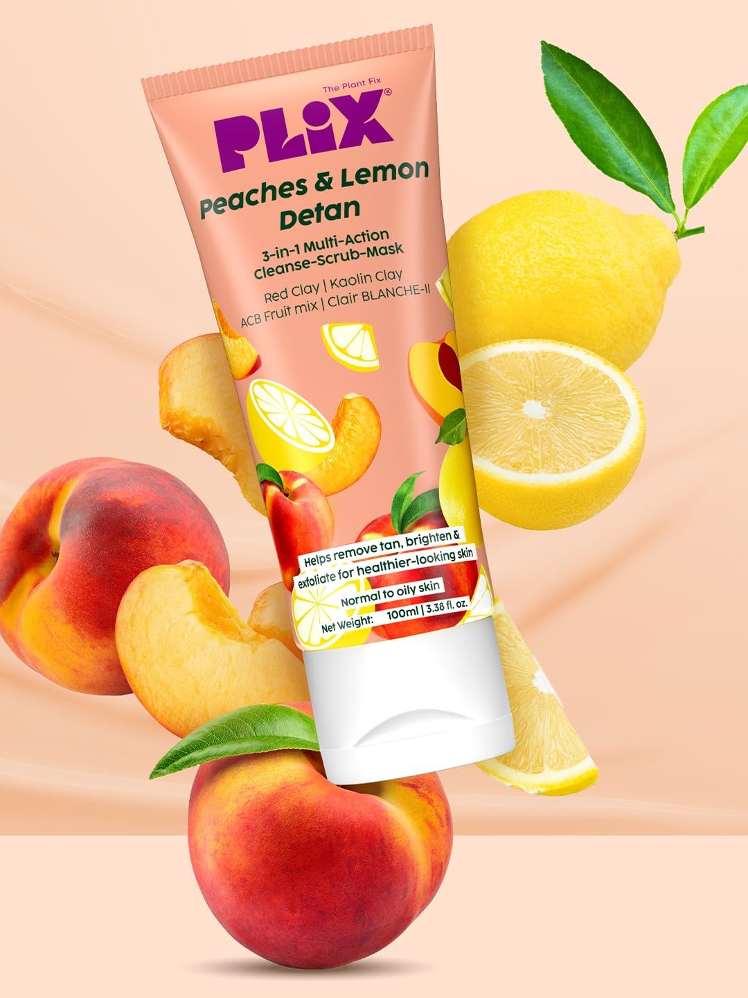 Plix - The Plant Fix Peaches & Lemon 3-in-1 Detan Face wash, Scrub & Mask | Red Clay & Kaolin Clay | Clair BLANCHE-II | Controls Excess Oil | Cleanses, Exfoliates & Brightens | Dermatogicall thumbnail