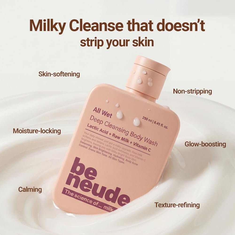 Be Neude All Wet 250ml De-Tan Body Wash with Milk, Lactic Acid, Vitamin C for Skin Brightening, Dark Spot & Pigmentation Reduction; Deep Cleansing Shower Gel Prevents Dryness & Body Acne | thumbnail