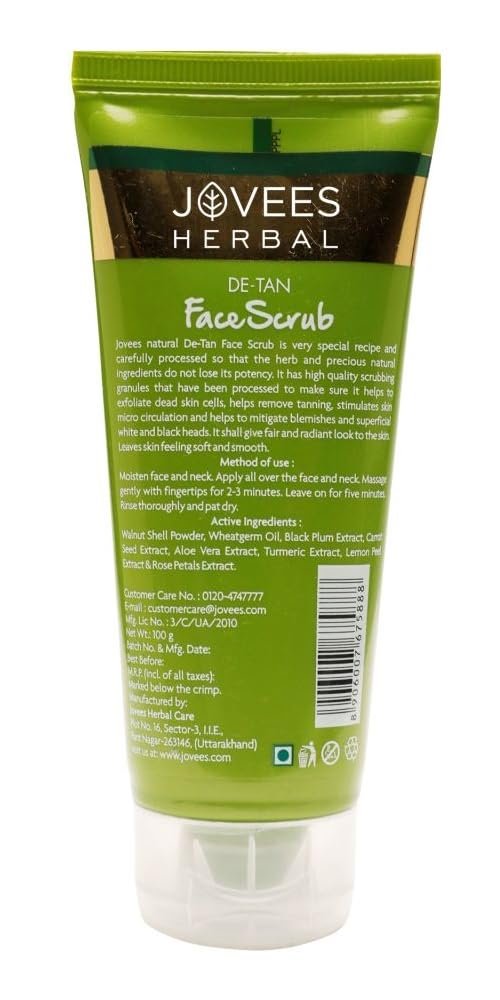 Jovees Herbal De-Tan Scrub With SPF For Brightening & Revitalizing Face Scrub | Remove Dead Skin | Gentle Exfoliation, Smooth and Clear Complexation With Turmeric & Aloe Vera | 100g thumbnail