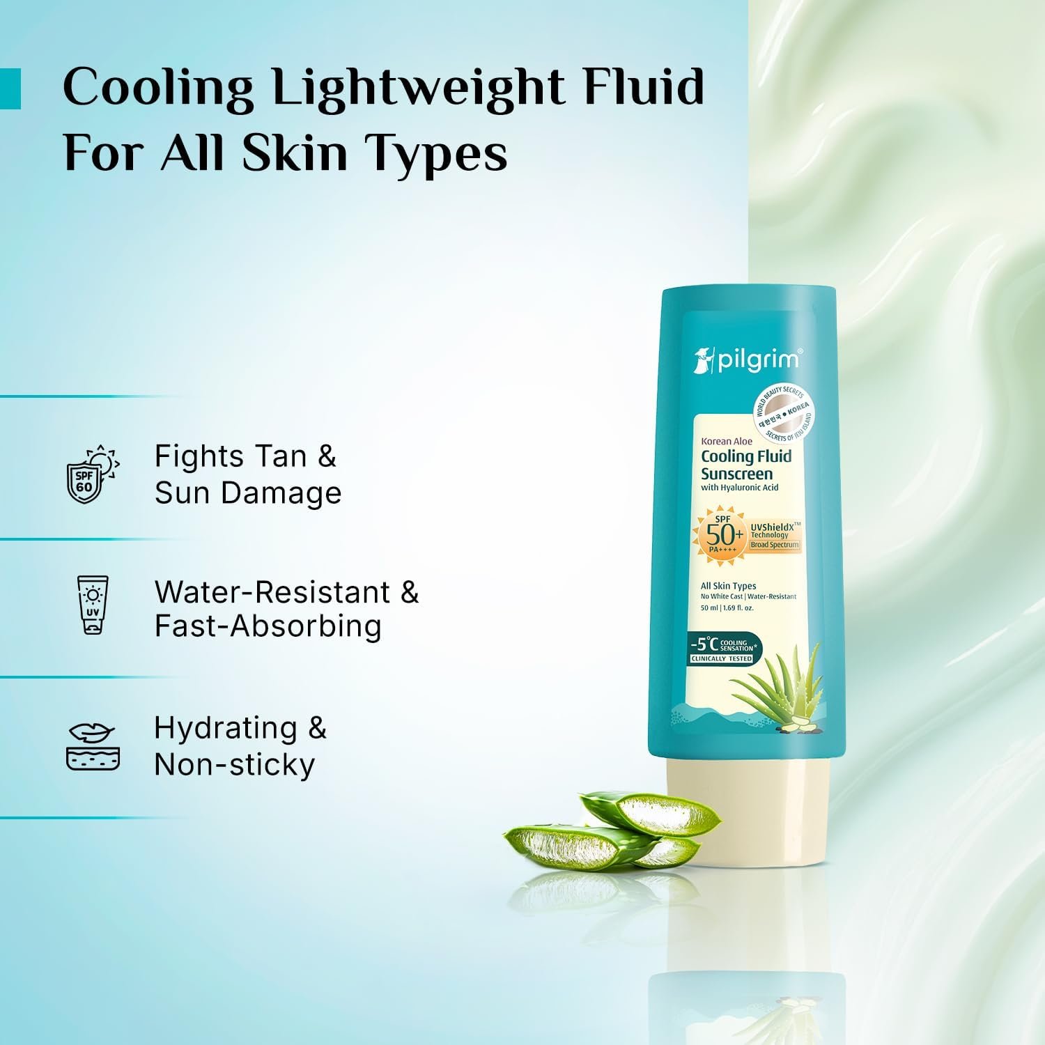 Pilgrim Korean Aloe Cooling Fluid Sunscreen SPF 50+ PA++++ with Hyaluronic Acid | InVivo Tested | No White Cast, Water Resistant| Prevents Tanning | 5°C Cooling Sensation | 50ml thumbnail
