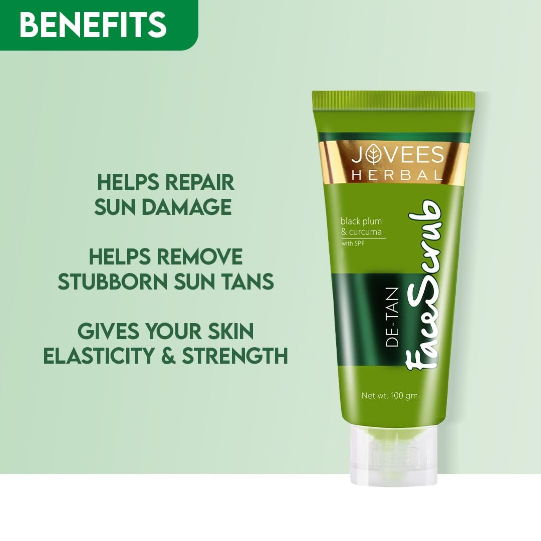Jovees Herbal De-Tan Scrub With SPF For Brightening & Revitalizing Face Scrub | Remove Dead Skin | Gentle Exfoliation, Smooth and Clear Complexation With Turmeric & Aloe Vera | 100g thumbnail