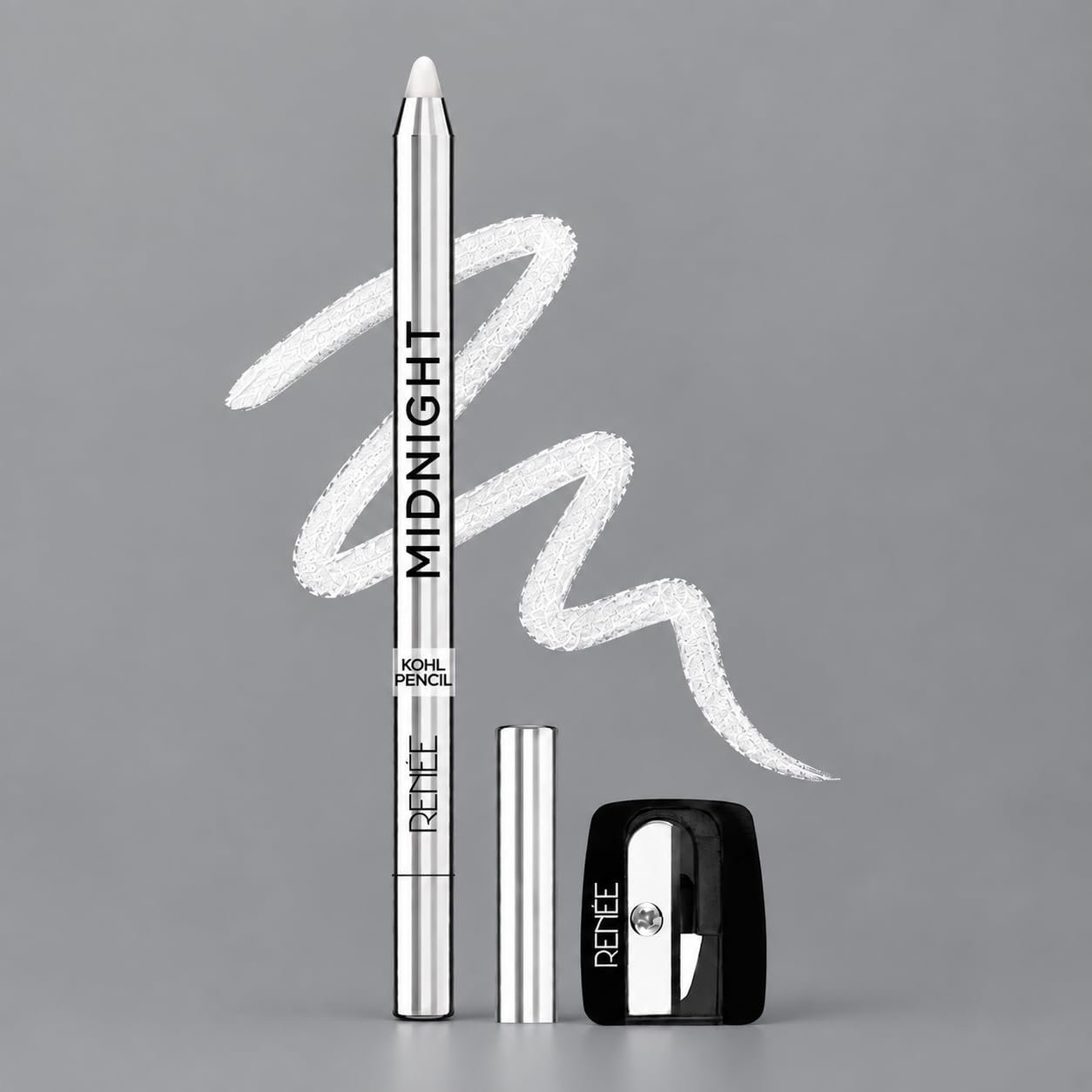 RENEE Midnight Kohl Pencil- White | Waterproof, Smudge-proof Kajal With Sharpener | Matte Finish, Long-lasting Upto 24 Hours | One-swipe Application With Vitamin E | 1.5 g