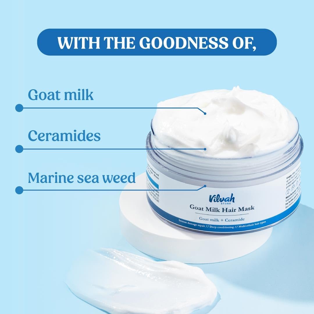 Vilvah Goat Milk Hair Mask | Deep Conditioning Hair Mask for Dry, Frizzy & Damaged Hair | Repairs Hair Barrier & Maintains Moisture | Reduces Breakage & Adds Shine |  200g thumbnail