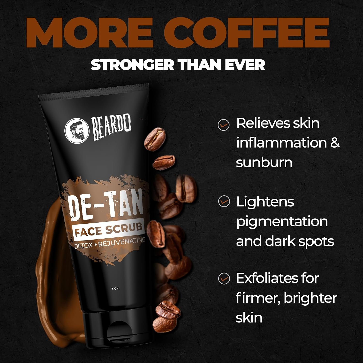 BEARDO De-Tan Face scrub for Men, 100g | Blackhead & Tan Removal | Dual Bead Exfoliation | Coffee Detox | Oil Control thumbnail