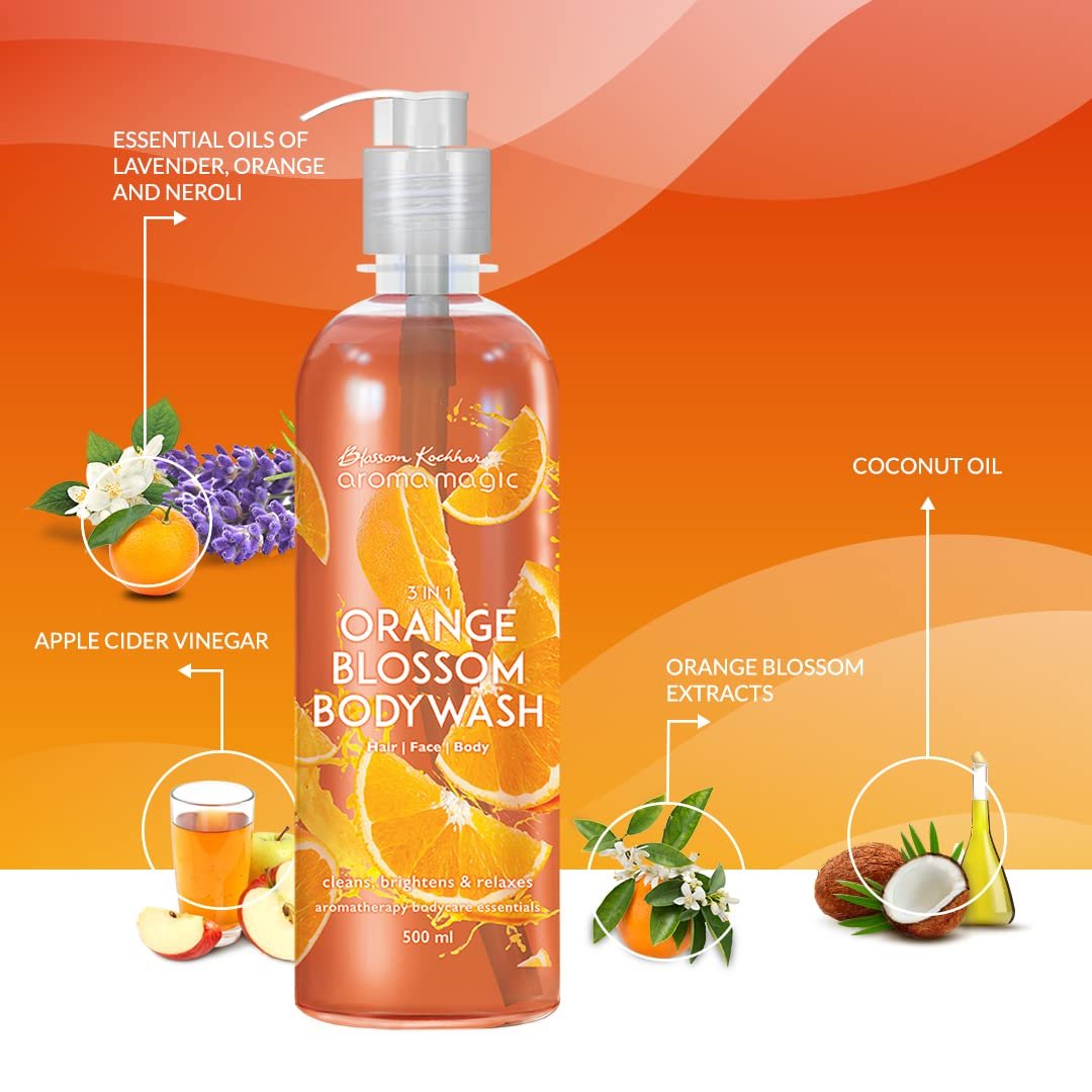Aroma Magic 3 in 1 Orange Blossom body wash | Nourishes & soothes skin, heals blemishes, treats acne with Applecider vinegar, orange extract, vitamin E | 220ml thumbnail