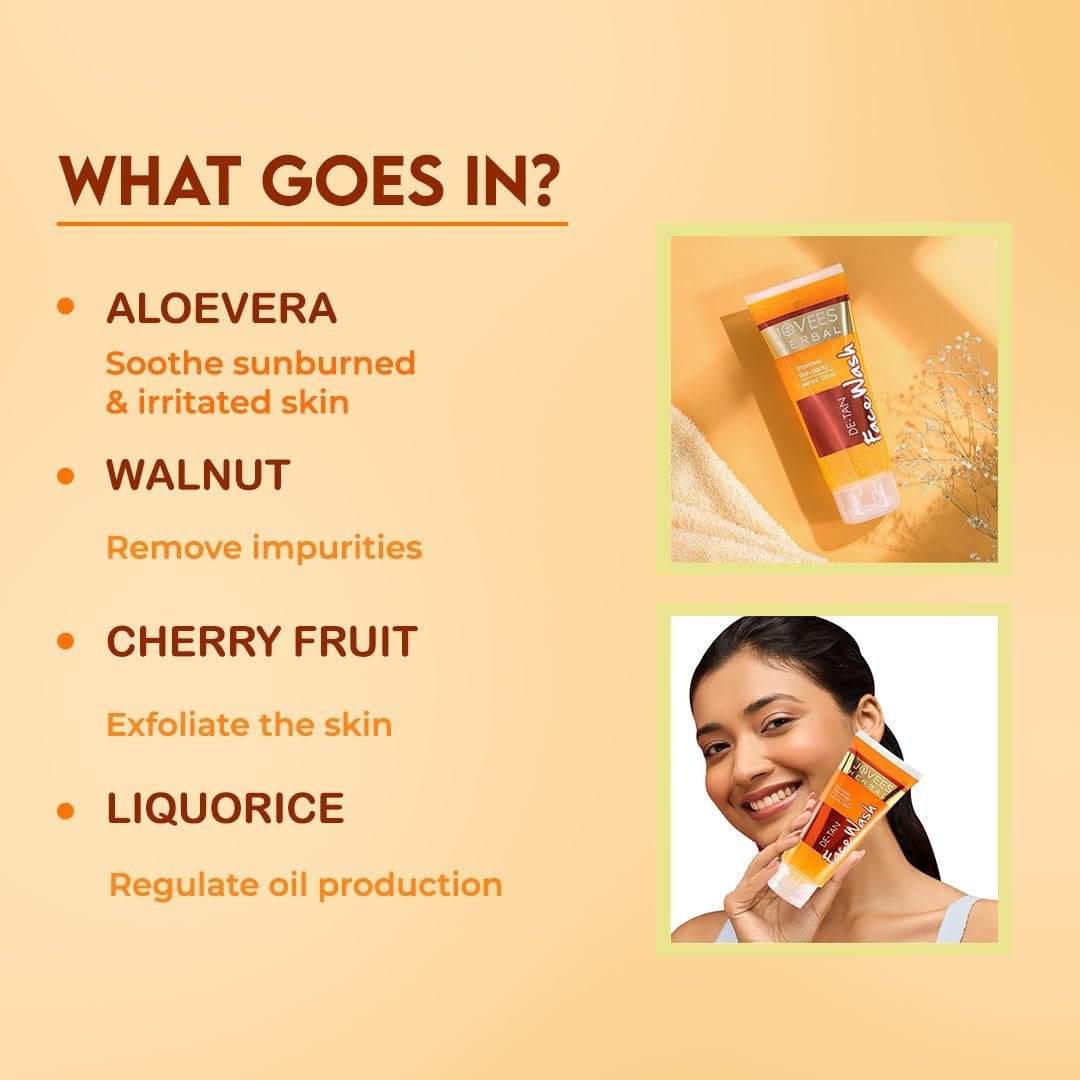 Jovees Herbal Detan Facewash For Glowing and Clear Skin With Liquorice & bearberry Ext. | Gentle Cleanser For Brighten, Even Tone and Hydrates | Suitable for All - 120ml thumbnail
