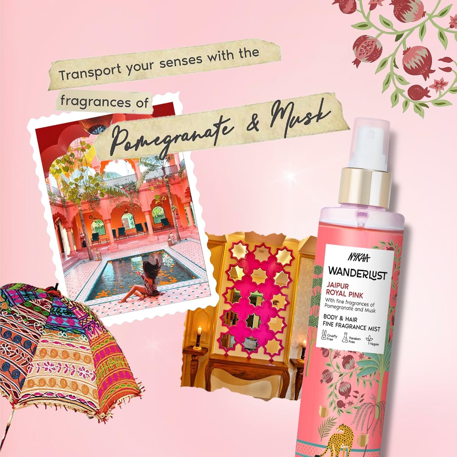 Nykaa Wanderlust Jaipur Royal Pink Fruity Perfume Body & Hair Mist, Notes of Pomegranate & Musk, 8 Hrs Long-Lasting Everyday Fragrance, 200 ml thumbnail