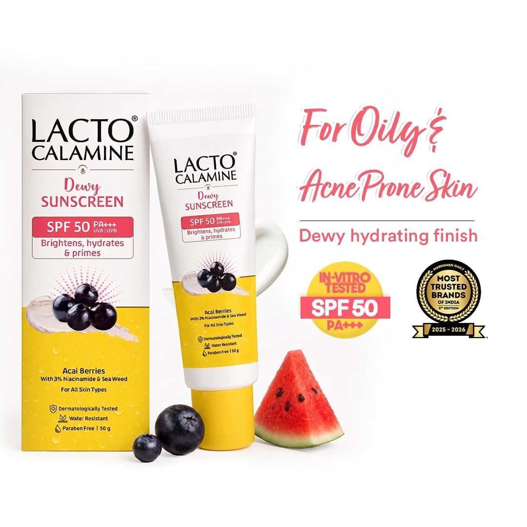 Lacto Calamine Dewy Glow Lightweight Sunscreen SPF 50 PFA +++ UVA & UVB Protection-Oily Skin | Acai Berries, Niacinamide & Watermelon | Dermatologically Tested | 50g thumbnail
