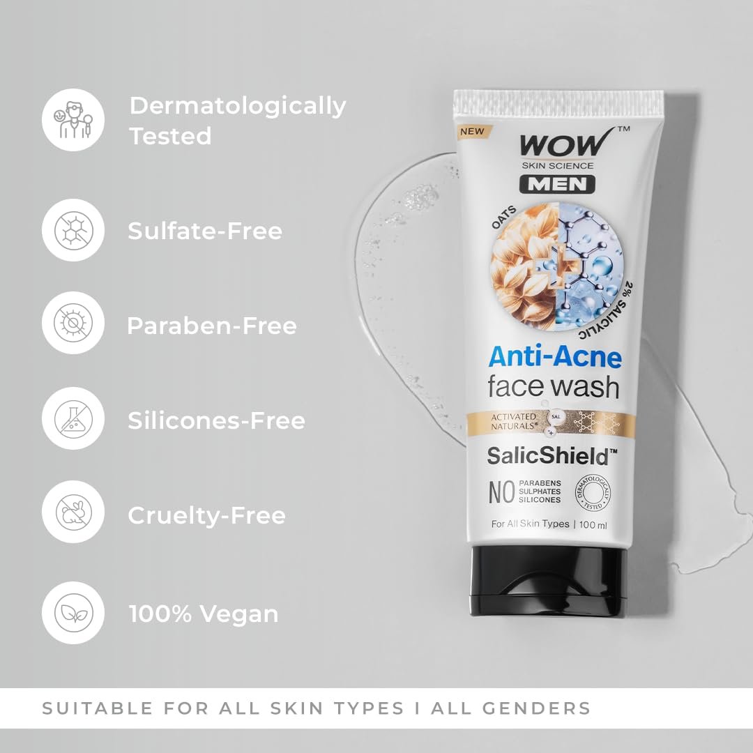 WOW Skin Science MEN OAT EXTRACT + 2% SALICYLIC ACID Anti-Acne Face Wash | Targets Acne & Prevents Breakouts | SalicShield™ Technology | No Sulphates, Parabens or Silicones | 100ml thumbnail