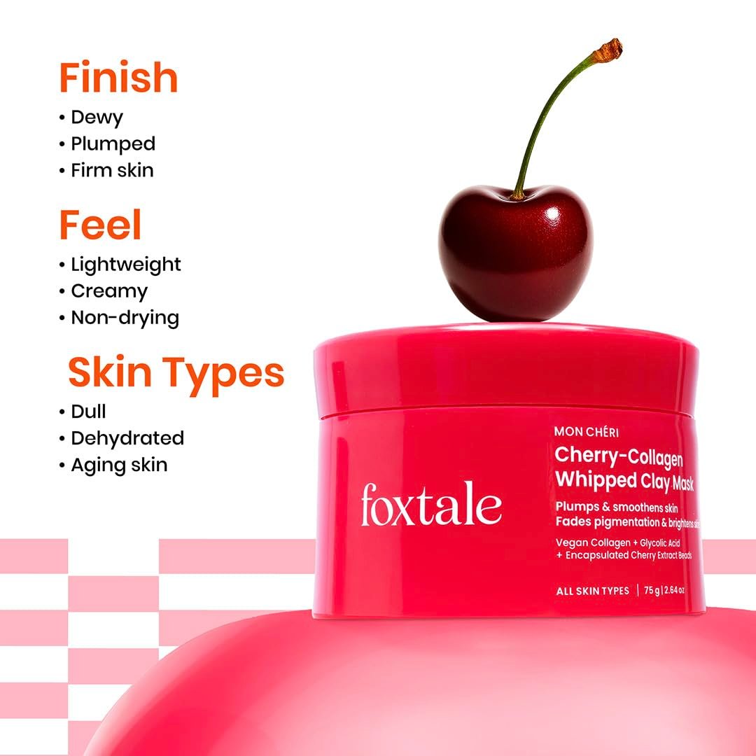 Foxtale Cherry Collagen Clay Mask with Vegan Collagen, Glycolic Acid, PHA & Cherry Beads | Plumps, Firms & Hydrates | Brightens, Detoxifies Pores & Smooths Uneven Skin Texture | 75g thumbnail